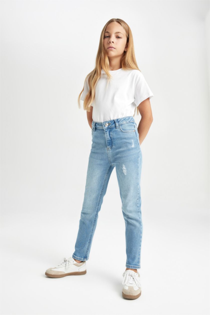 Kız Çocuk - Genç Kız Mavi Skinny Fit Yırtık Detaylı Dar Paça Cepli Jean Pantolon Kız Çocuk