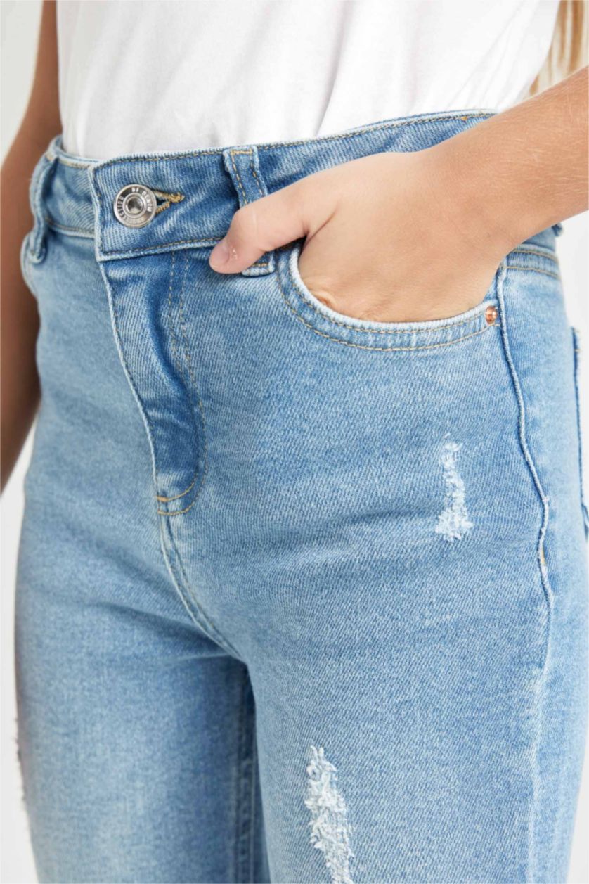 Kız Çocuk - Genç Kız Mavi Skinny Fit Yırtık Detaylı Dar Paça Cepli Jean Pantolon Kız Çocuk