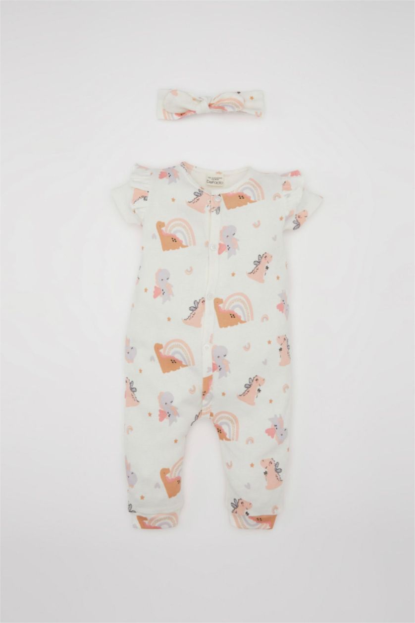 Kız Bebek Ekru Kız Bebek Yenidoğan 2'li Takım Dinozor Baskılı Kısa Kollu Waffle Tulum Bandana