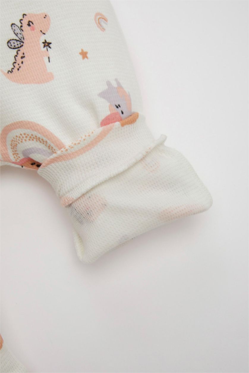 Kız Bebek Ekru Kız Bebek Yenidoğan 2'li Takım Dinozor Baskılı Kısa Kollu Waffle Tulum Bandana