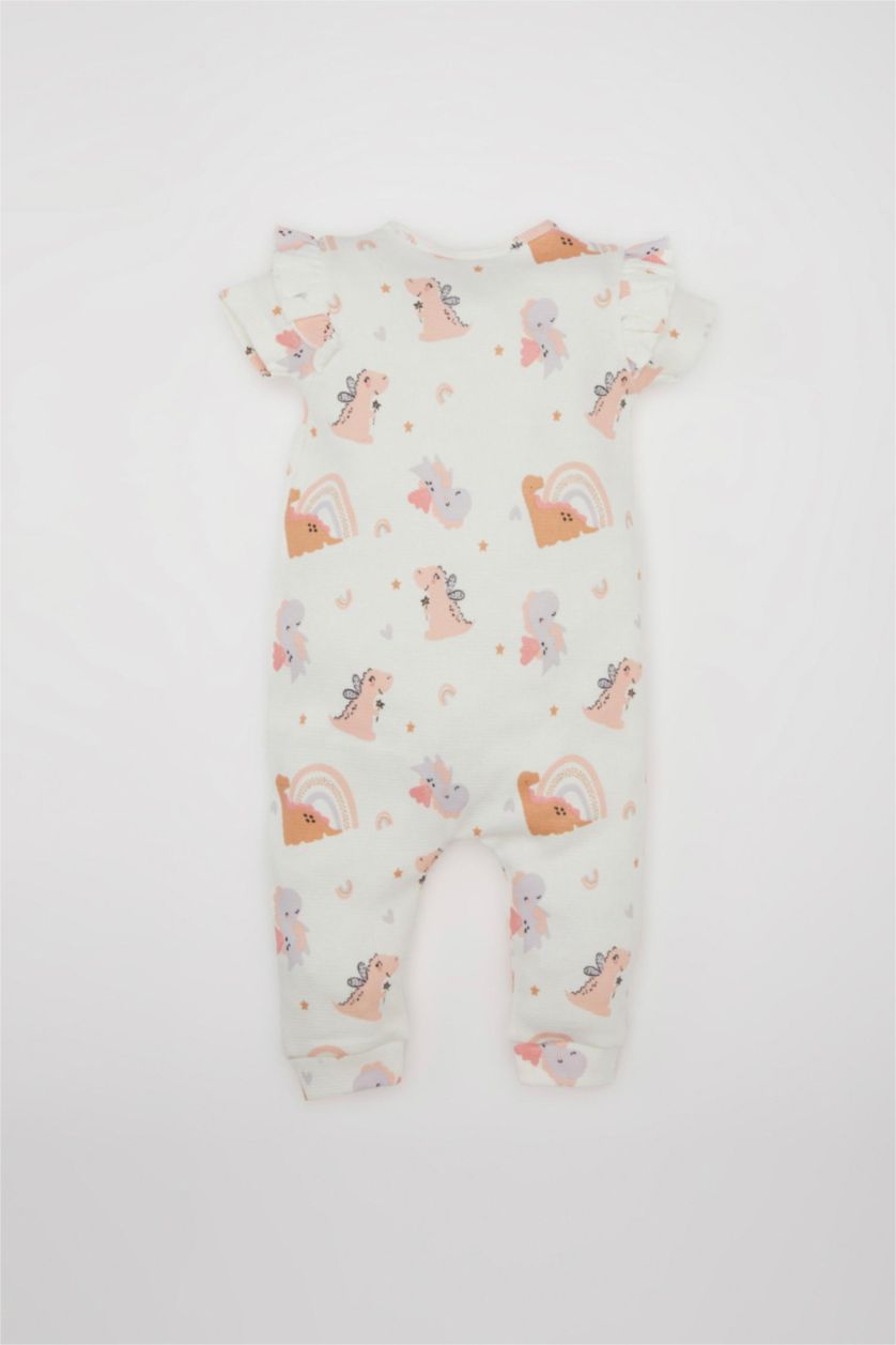 Kız Bebek Ekru Kız Bebek Yenidoğan 2'li Takım Dinozor Baskılı Kısa Kollu Waffle Tulum Bandana