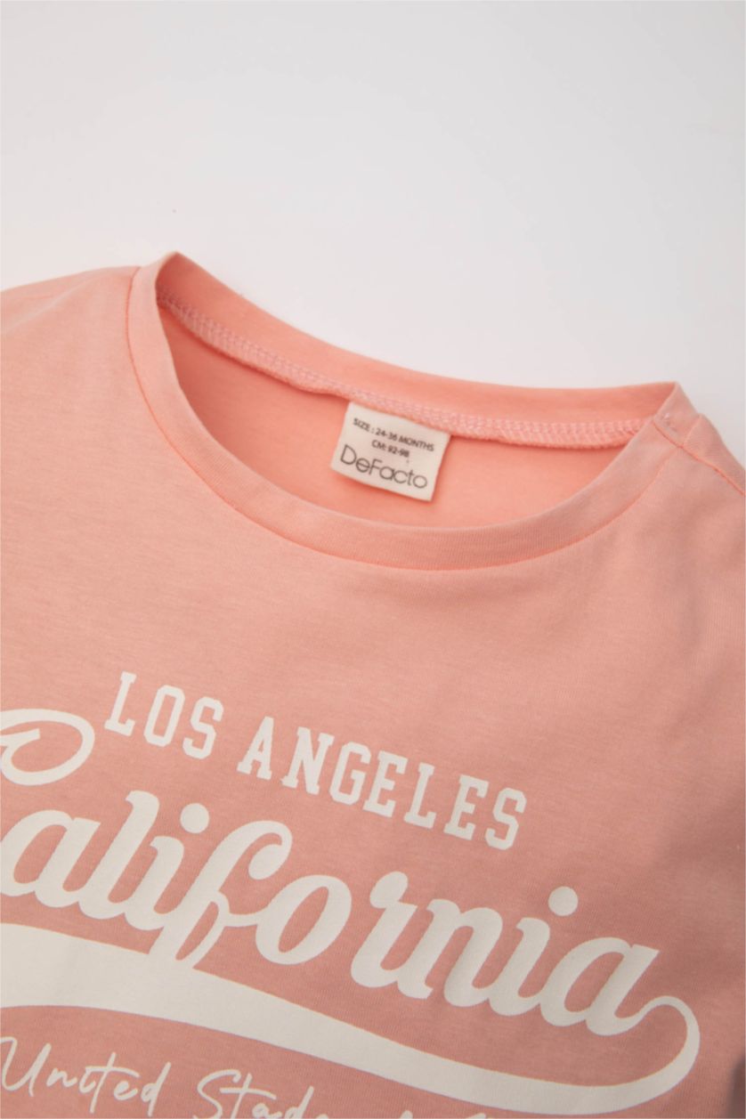 Kız Bebek Pembe Bisiklet Yaka Baskılı Kısa Kollu Tişört Kız Bebek