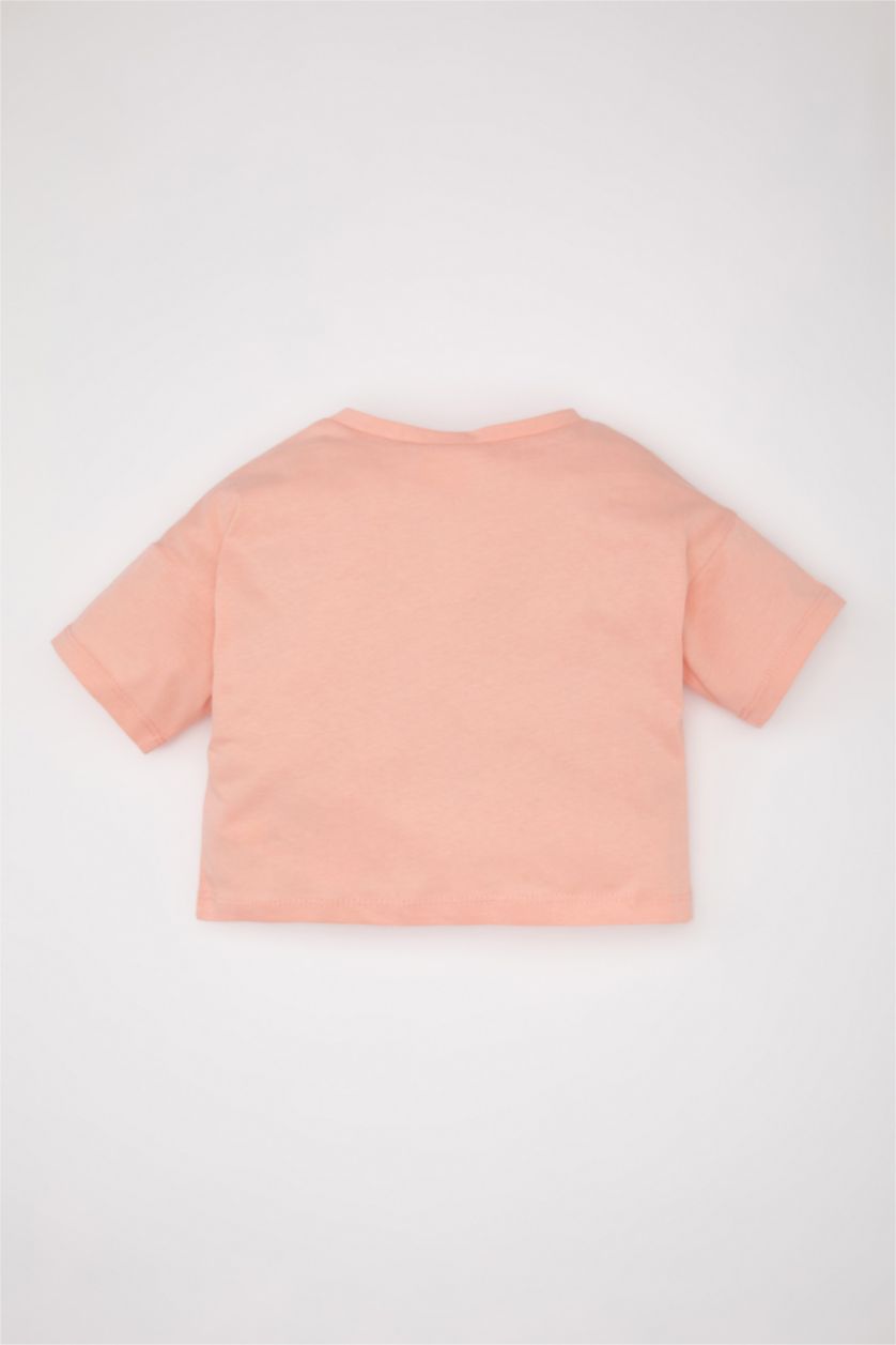 Kız Bebek Pembe Bisiklet Yaka Baskılı Kısa Kollu Tişört Kız Bebek