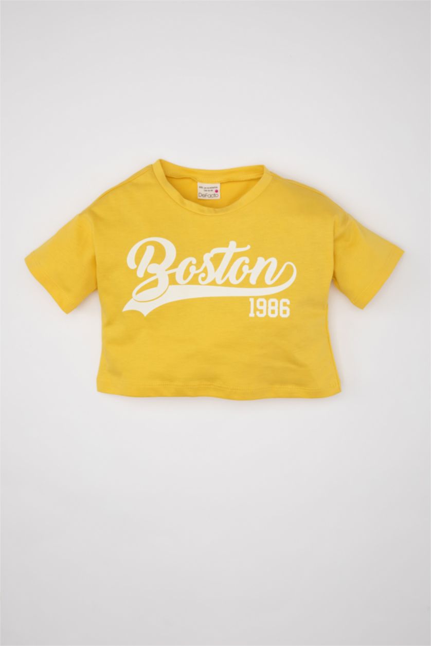 Kız Bebek Sarı Kız Bebek Bisiklet Yaka Baskılı Kısa Kollu Tişört