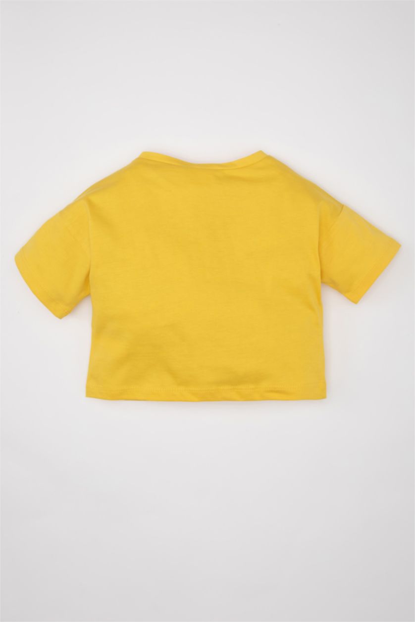 Kız Bebek Sarı Kız Bebek Bisiklet Yaka Baskılı Kısa Kollu Tişört