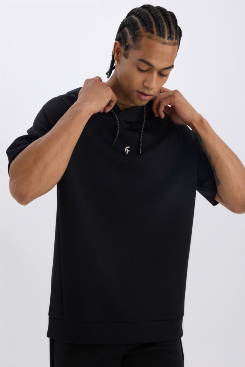 MAN Black DeFactoFit Standard Fit Hooded Sports Scuba Diver Fabric T-Shirt