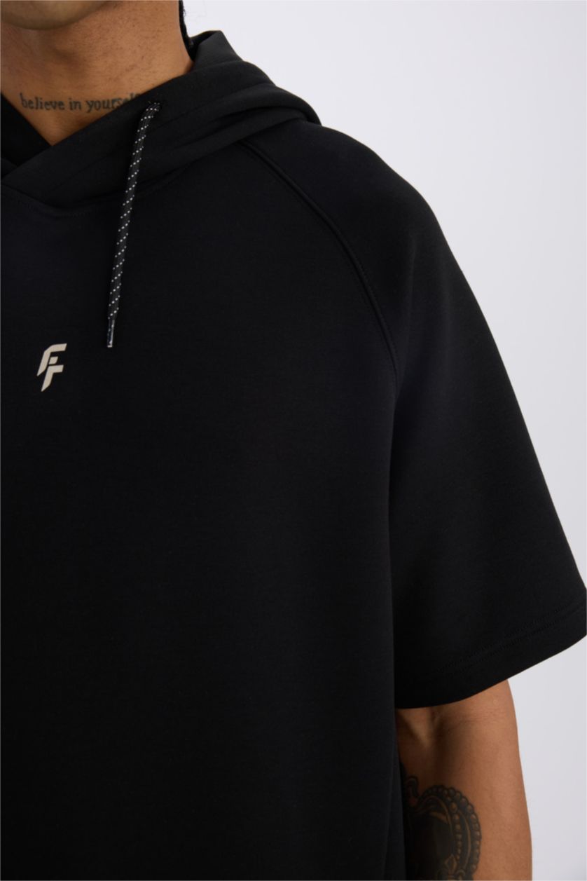 MAN Black DeFactoFit Standard Fit Hooded Sports Scuba Diver Fabric T-Shirt