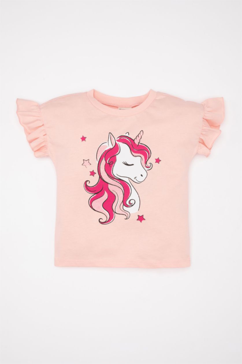 BÉBÉ FILLE Rose T-Shirt à Manches Courtes imprimé Licorne à Col rond pour Bébé Fille