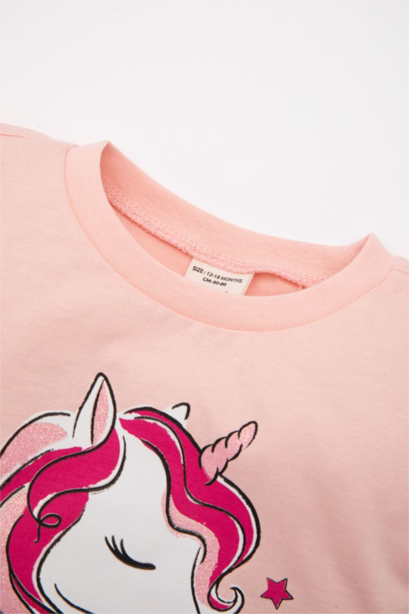 BÉBÉ FILLE Rose T-Shirt à Manches Courtes imprimé Licorne à Col rond pour Bébé Fille