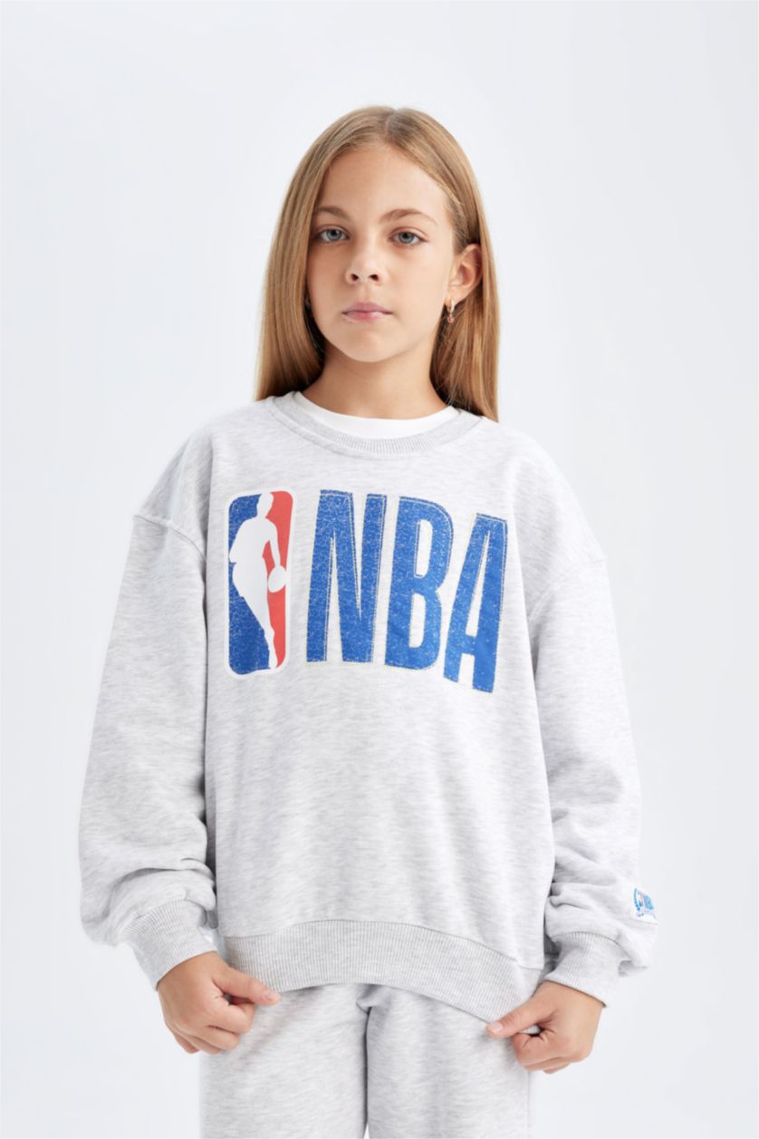 GIRLS & TEENS Grey Melange Girl NBA Wordmark Oversize Crew Neck Sweatshirt