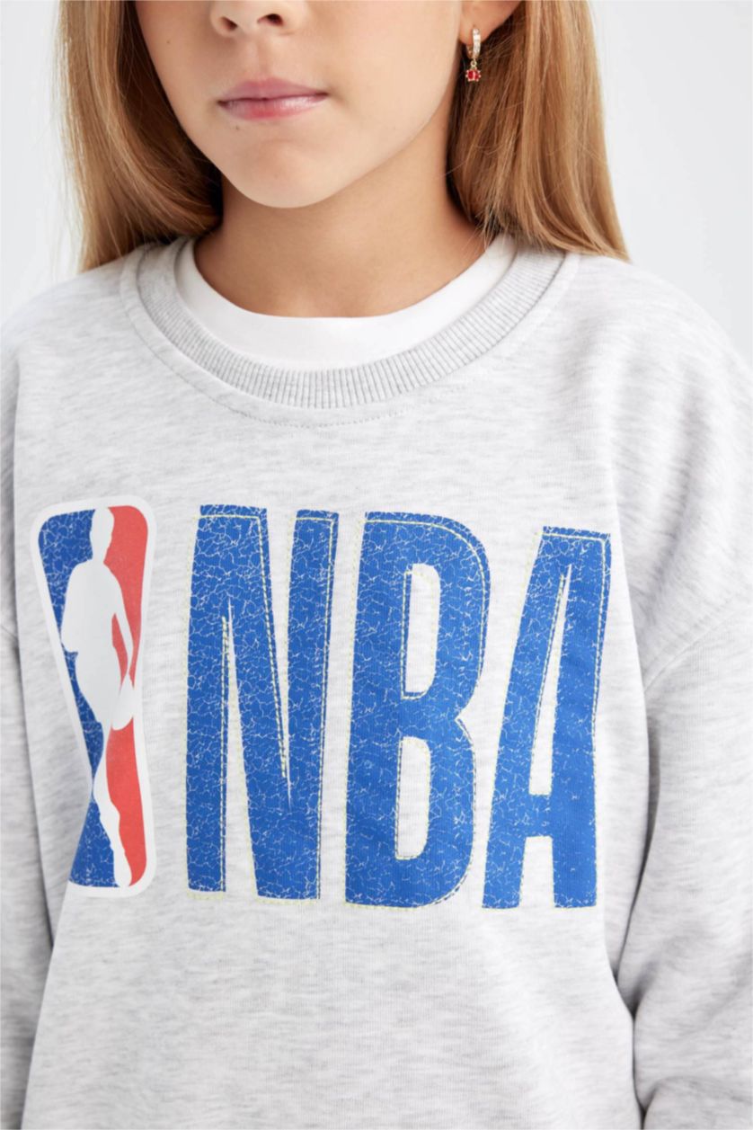 GIRLS & TEENS Grey Melange Girl NBA Wordmark Oversize Crew Neck Sweatshirt