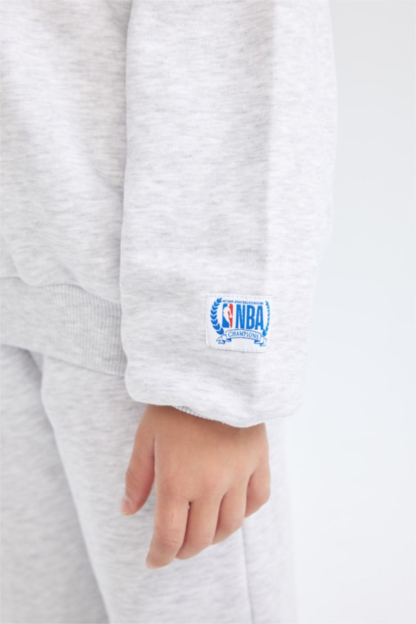 GIRLS & TEENS Grey Melange Girl NBA Wordmark Oversize Crew Neck Sweatshirt