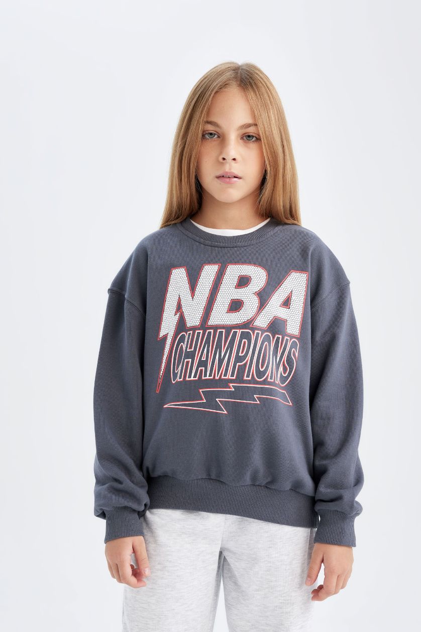 Kız Çocuk - Genç Kız Antrasit NBA Wordmark Oversize Geniş Kalıp Bisiklet Yaka Sweatshirt Kız Çocuk