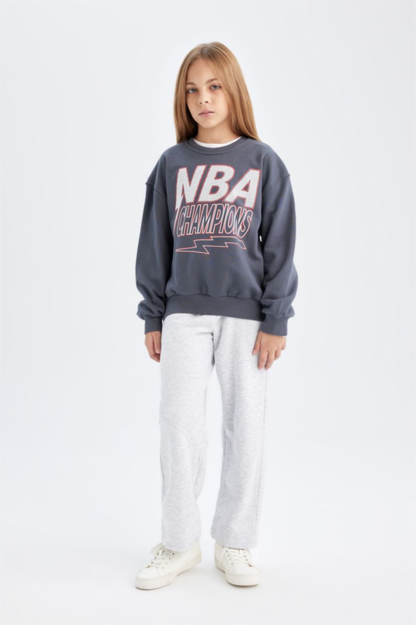 Kız Çocuk - Genç Kız Antrasit NBA Wordmark Oversize Geniş Kalıp Bisiklet Yaka Sweatshirt Kız Çocuk