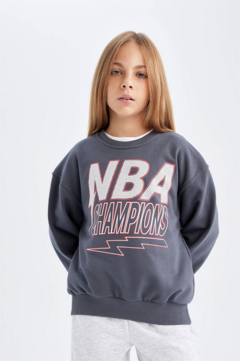 Kız Çocuk - Genç Kız Antrasit NBA Wordmark Oversize Geniş Kalıp Bisiklet Yaka Sweatshirt Kız Çocuk