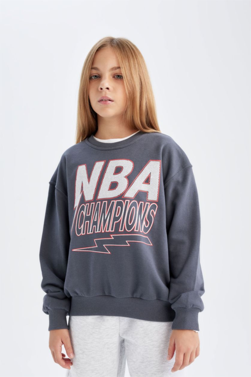 Kız Çocuk - Genç Kız Antrasit NBA Wordmark Oversize Geniş Kalıp Bisiklet Yaka Sweatshirt Kız Çocuk