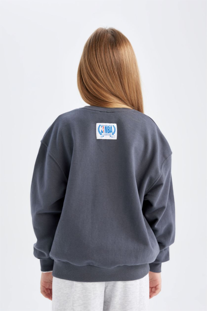 Kız Çocuk - Genç Kız Antrasit NBA Wordmark Oversize Geniş Kalıp Bisiklet Yaka Sweatshirt Kız Çocuk