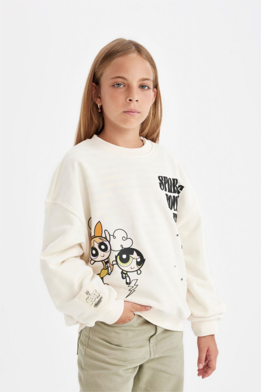 Kız Çocuk - Genç Kız Ekru PowerPuff Girls Oversize Geniş Kalıp Bisiklet Yaka Sweatshirt Kız Çocuk