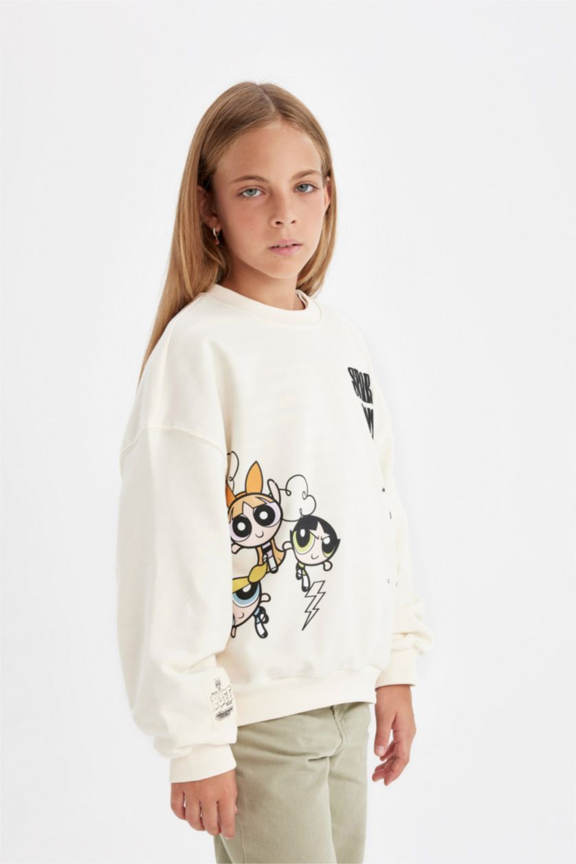Kız Çocuk - Genç Kız Ekru PowerPuff Girls Oversize Geniş Kalıp Bisiklet Yaka Sweatshirt Kız Çocuk