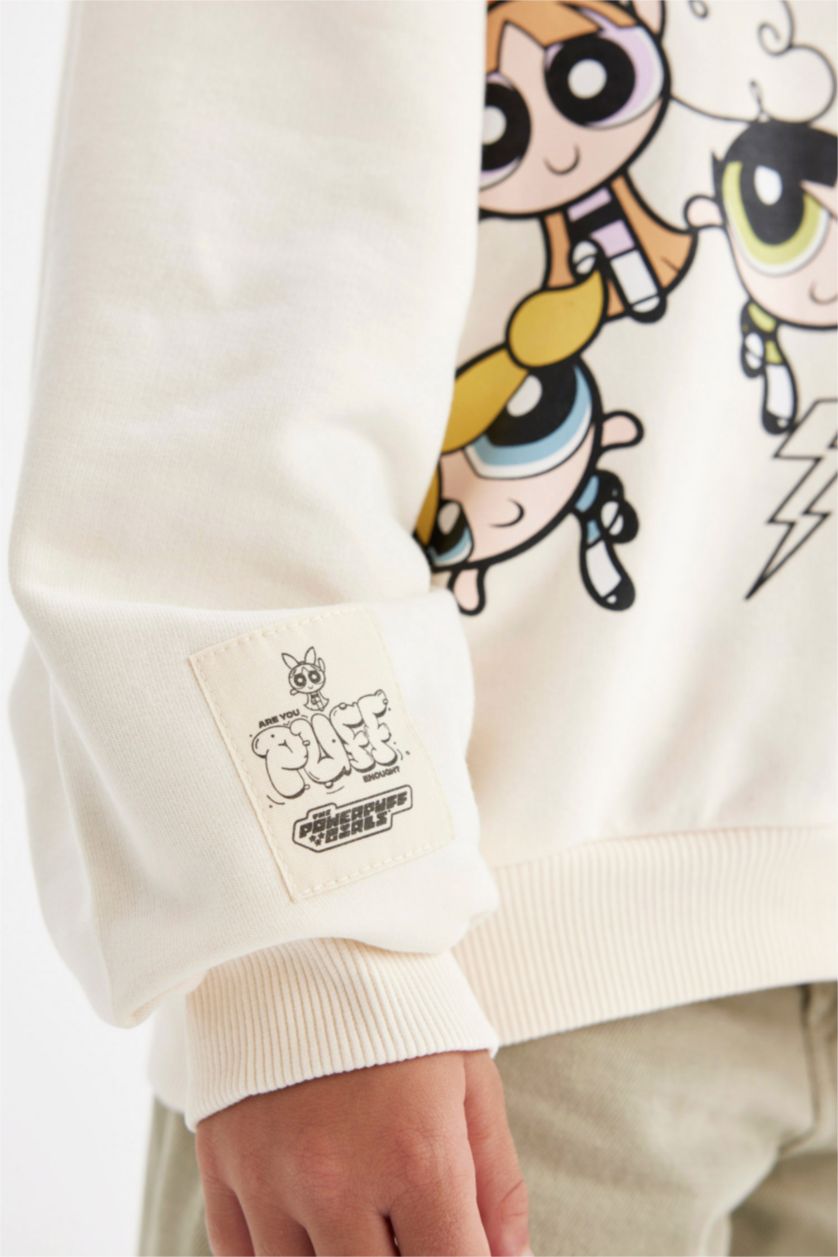 Kız Çocuk - Genç Kız Ekru PowerPuff Girls Oversize Geniş Kalıp Bisiklet Yaka Sweatshirt Kız Çocuk