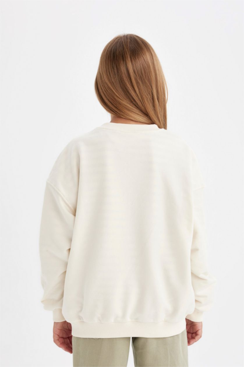 Kız Çocuk - Genç Kız Ekru PowerPuff Girls Oversize Geniş Kalıp Bisiklet Yaka Sweatshirt Kız Çocuk