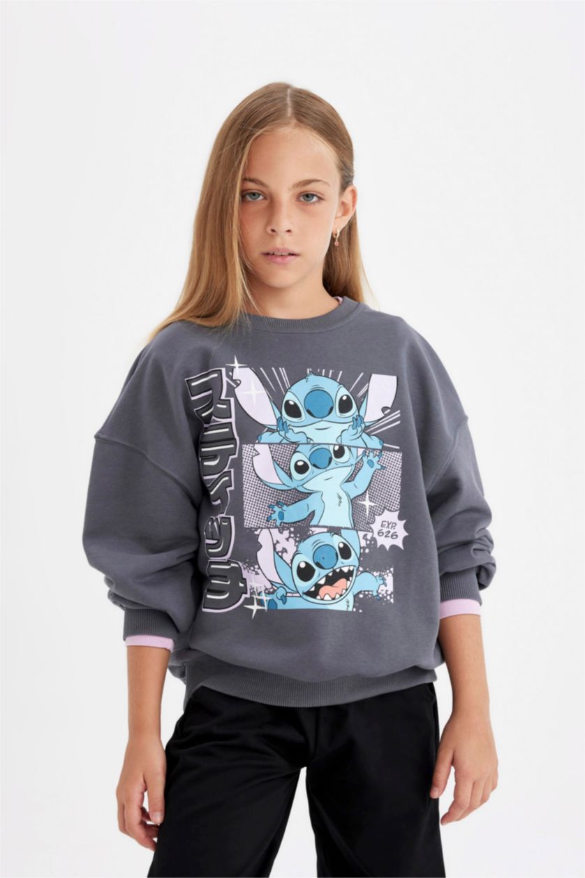 Kız Çocuk - Genç Kız Antrasit Kız Çocuk Disney Lilo & Stitch Oversize Geniş Kalıp Bisiklet Yaka Sweatshirt