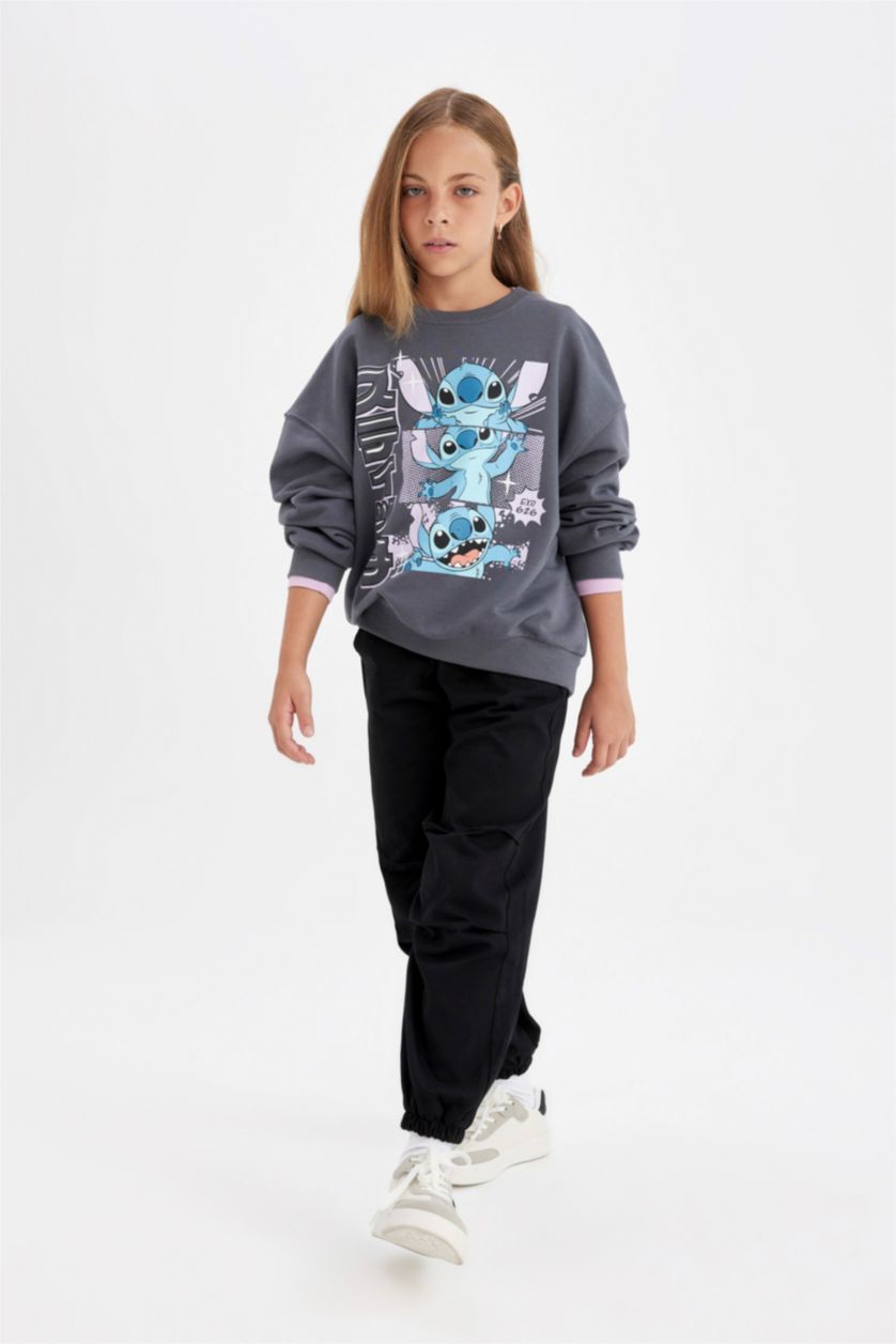 Kız Çocuk - Genç Kız Antrasit Kız Çocuk Disney Lilo & Stitch Oversize Geniş Kalıp Bisiklet Yaka Sweatshirt