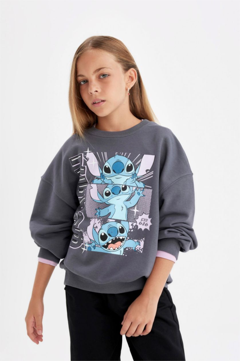 Kız Çocuk - Genç Kız Antrasit Kız Çocuk Disney Lilo & Stitch Oversize Geniş Kalıp Bisiklet Yaka Sweatshirt