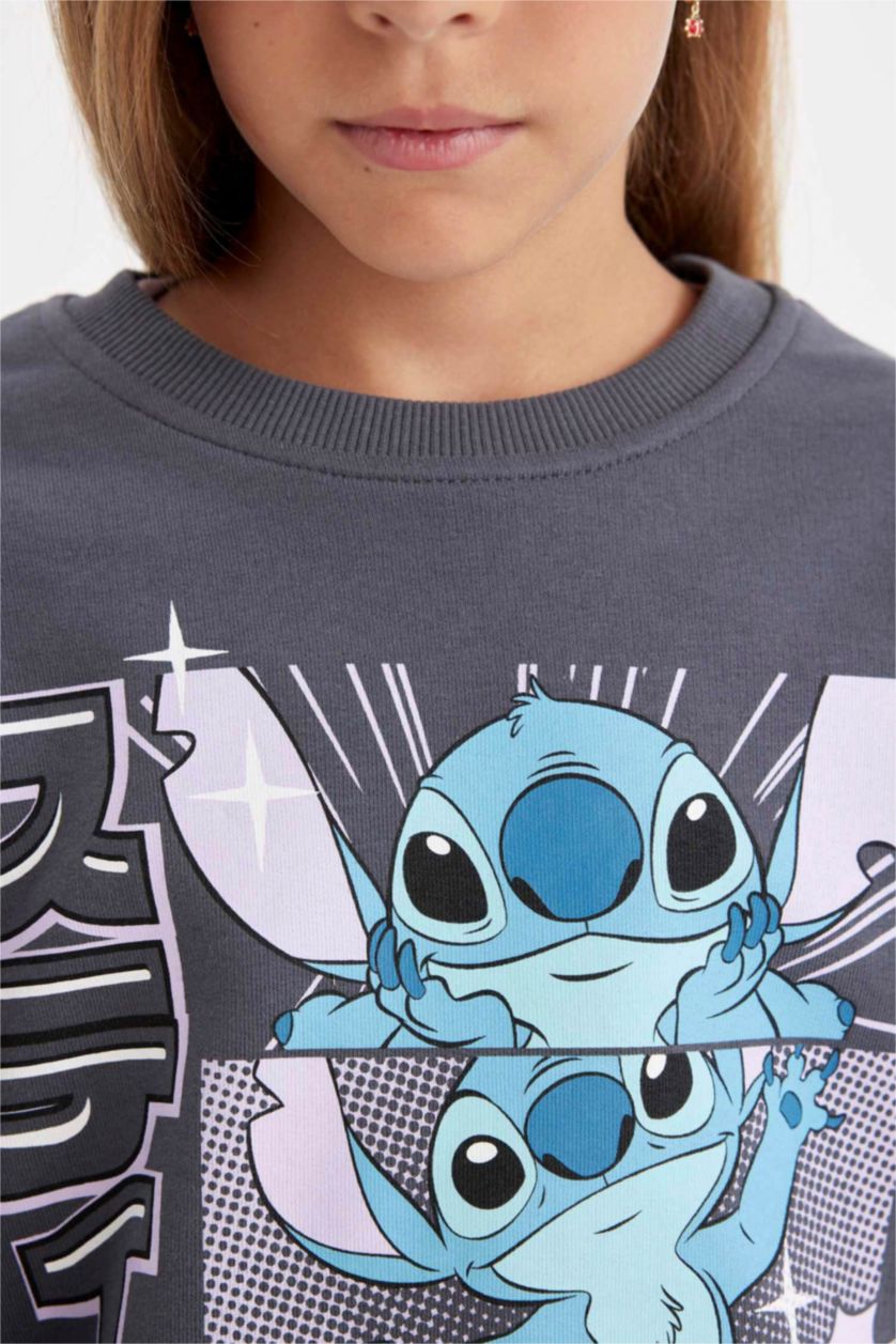 Kız Çocuk - Genç Kız Antrasit Kız Çocuk Disney Lilo & Stitch Oversize Geniş Kalıp Bisiklet Yaka Sweatshirt