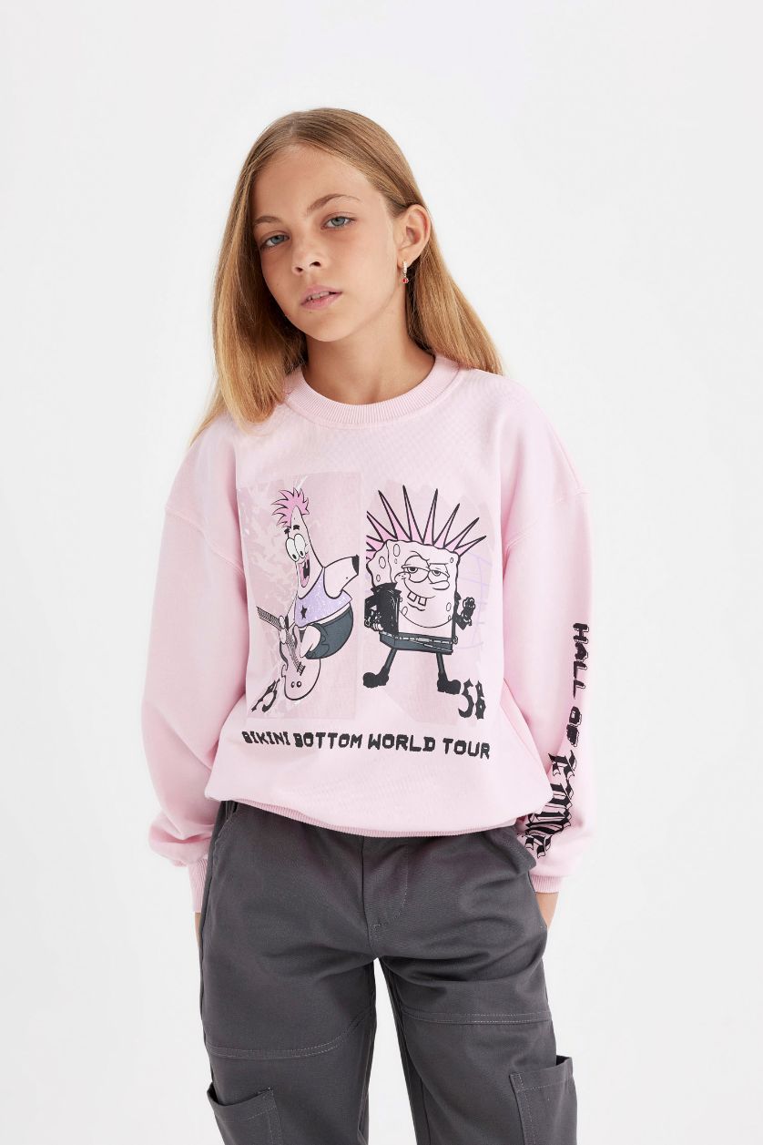 Kız Çocuk - Genç Kız Açık Pembe Kız Çocuk SpongeBob Relax Fit Bisiklet Yaka Sweatshirt