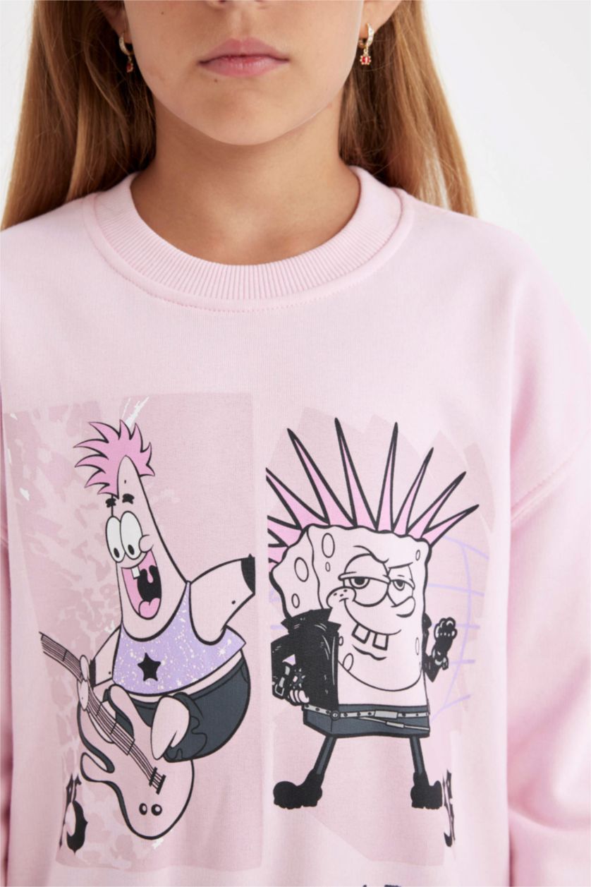 Kız Çocuk - Genç Kız Açık Pembe Kız Çocuk SpongeBob Relax Fit Bisiklet Yaka Sweatshirt