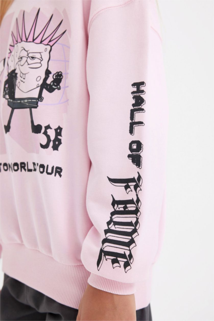 Kız Çocuk - Genç Kız Açık Pembe Kız Çocuk SpongeBob Relax Fit Bisiklet Yaka Sweatshirt