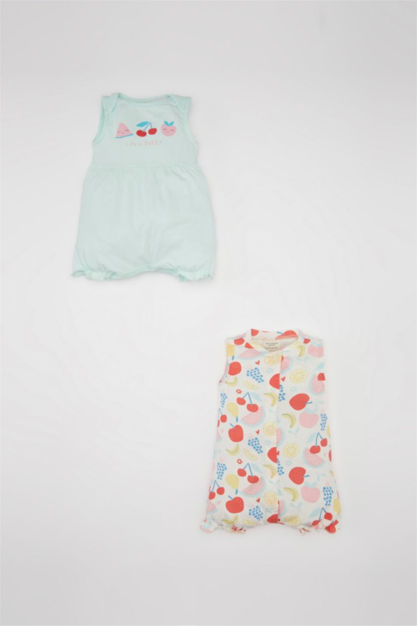 Baby Girl Light Aqua Baby Girl Newborn Patterned Cotton 2 Piece Sleeveless Jumpsuit