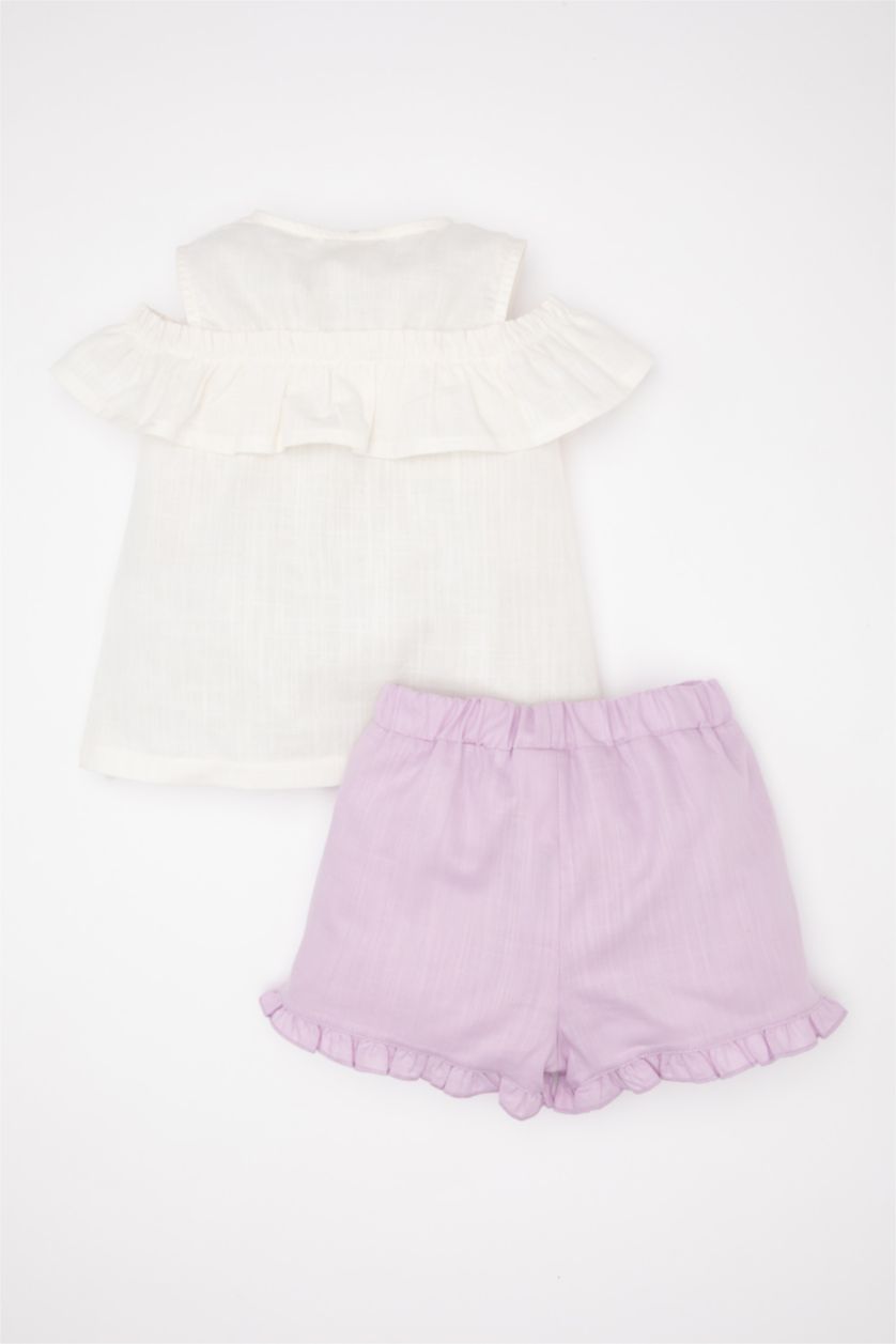 BABY GIRL Ecru Baby Girl Flared Poplin Sleeveless Ruffle Blouse Shorts 2 Piece Set