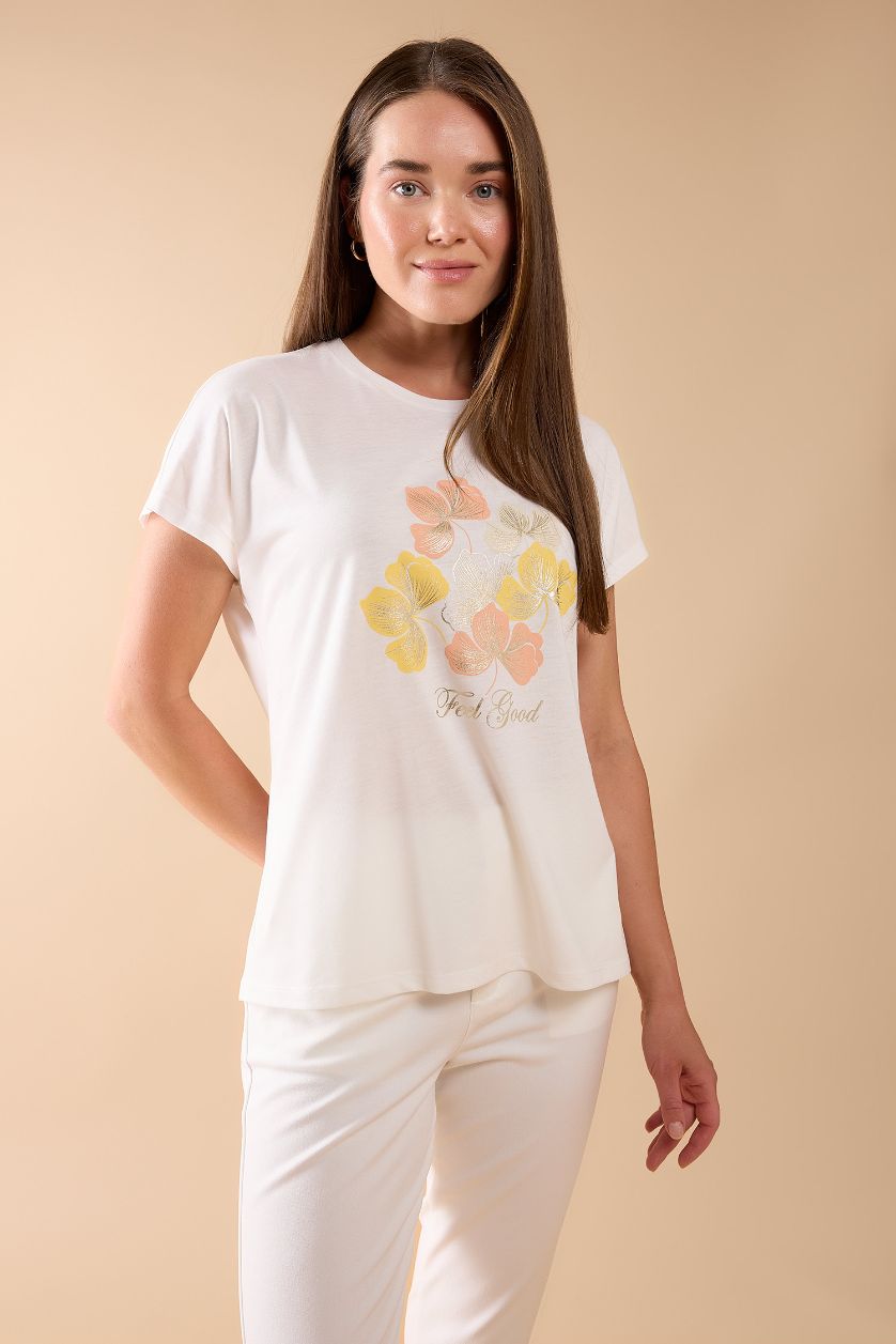 نساء بيج فاتح تيشيرت بنقشة الزهور نص كم برقبة مستديرة