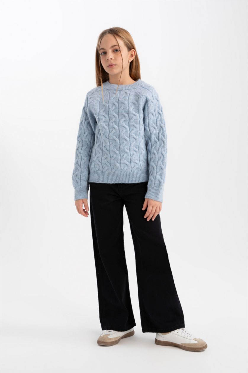 Kız Çocuk - Genç Kız Açık Mavi Standart Fit Bisiklet Yaka Saç Örgülü Triko Kazak Kız Çocuk