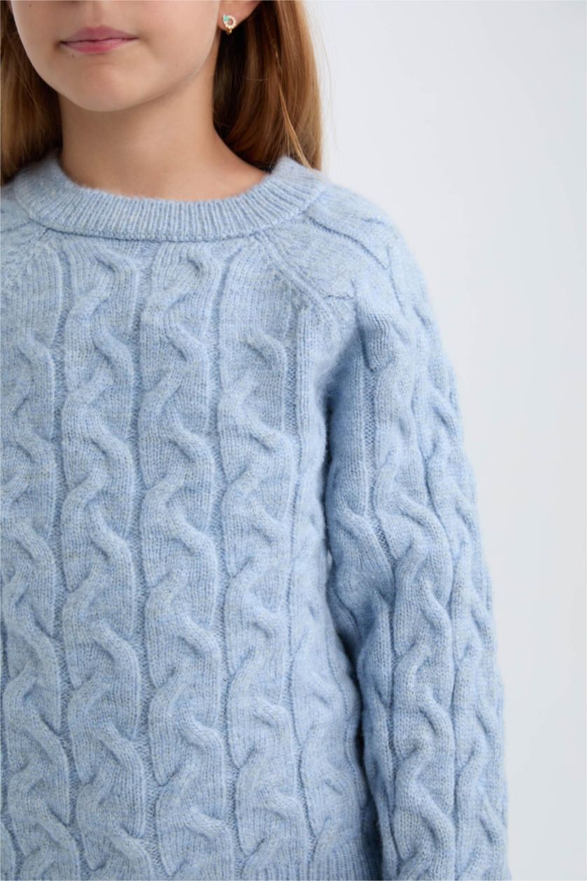 Kız Çocuk - Genç Kız Açık Mavi Standart Fit Bisiklet Yaka Saç Örgülü Triko Kazak Kız Çocuk