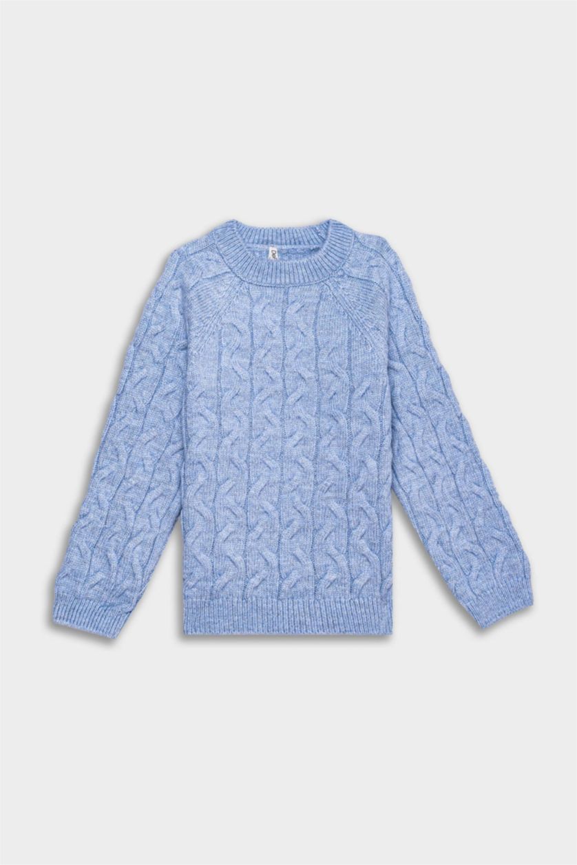 Kız Çocuk - Genç Kız Açık Mavi Standart Fit Bisiklet Yaka Saç Örgülü Triko Kazak Kız Çocuk