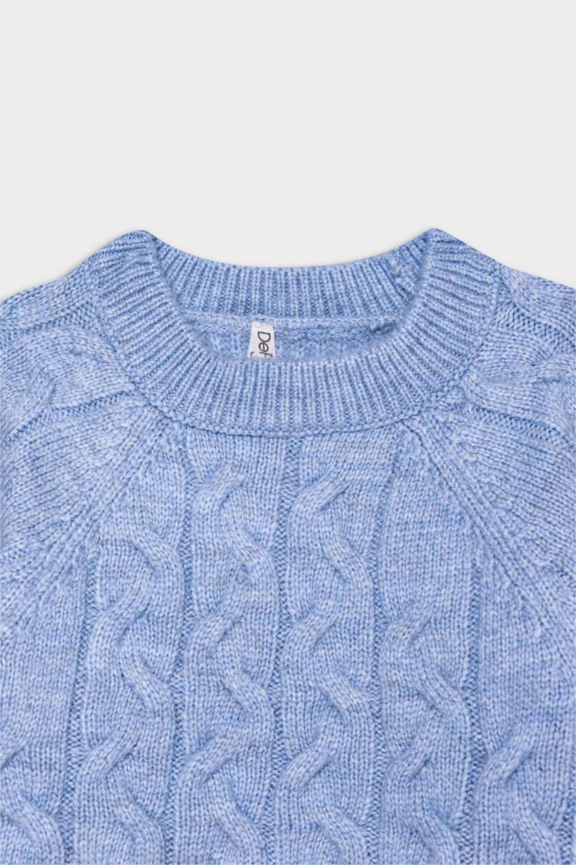 Kız Çocuk - Genç Kız Açık Mavi Standart Fit Bisiklet Yaka Saç Örgülü Triko Kazak Kız Çocuk