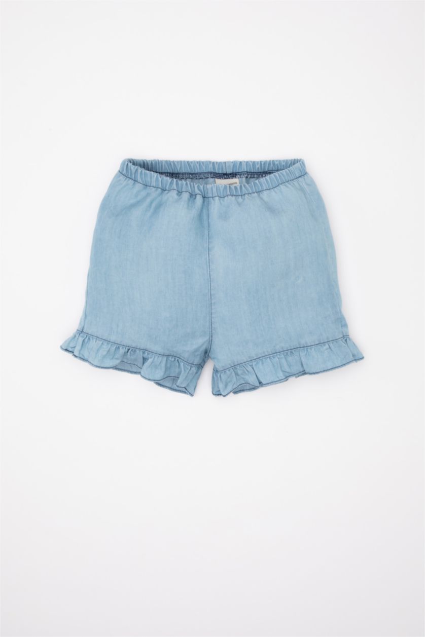 Kız Bebek Mavi Kız Bebek 2'li Takım Jean Görünümlü Kolsuz Fırfırlı Bluz Şort