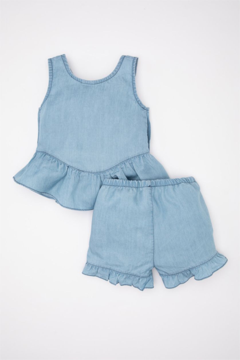Kız Bebek Mavi Kız Bebek 2'li Takım Jean Görünümlü Kolsuz Fırfırlı Bluz Şort