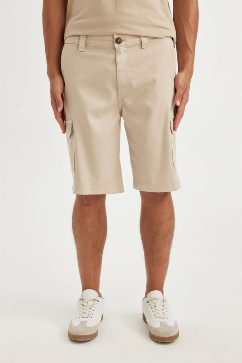 Erkek Bej Tensel Kargo Cepli Bermuda Şort