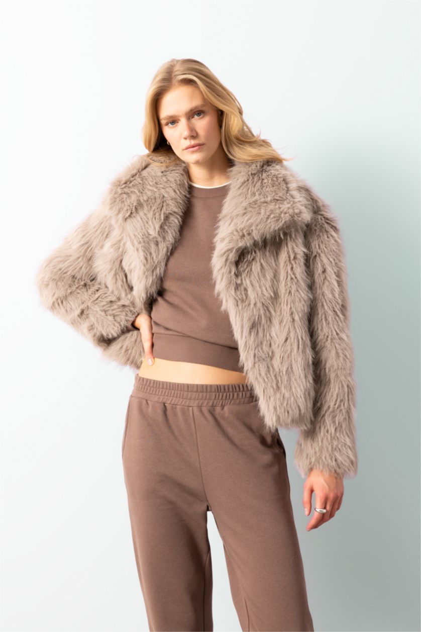 Kadın Vizon Relax Fit Ceket Yaka Çıtçıtlı Suni Kürk Mont