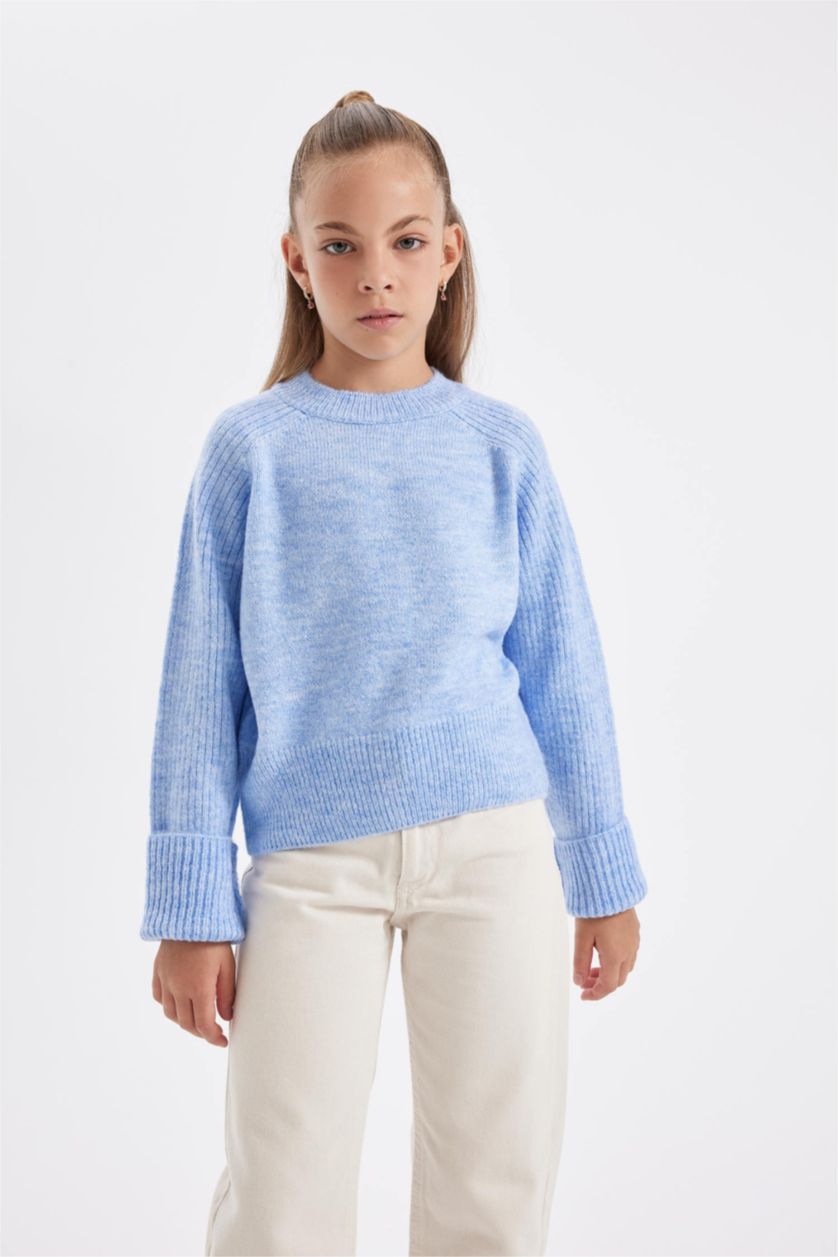 Kız Çocuk - Genç Kız Açık Lila Bisiklet Yaka Basic Düz Triko Kazak Kız Çocuk