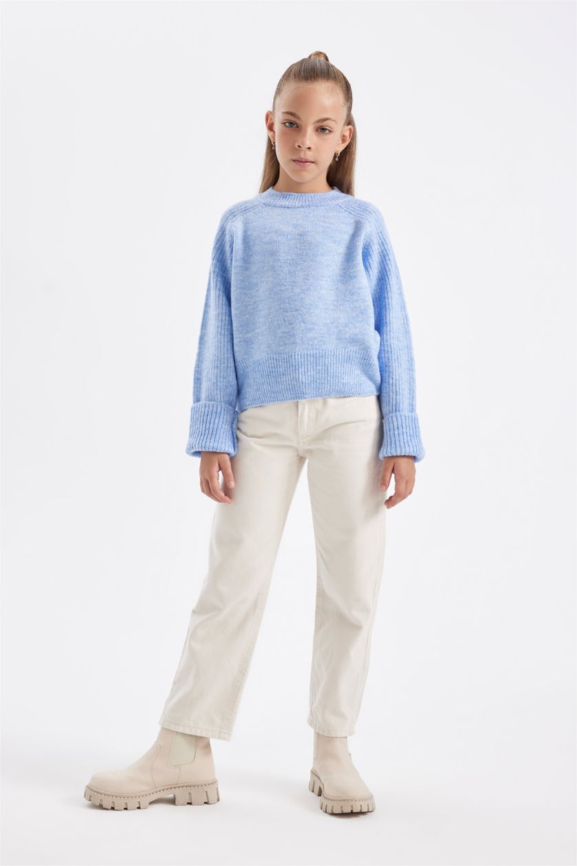 Kız Çocuk - Genç Kız Açık Lila Bisiklet Yaka Basic Düz Triko Kazak Kız Çocuk