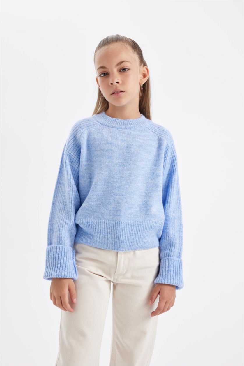 Kız Çocuk - Genç Kız Açık Lila Bisiklet Yaka Basic Düz Triko Kazak Kız Çocuk