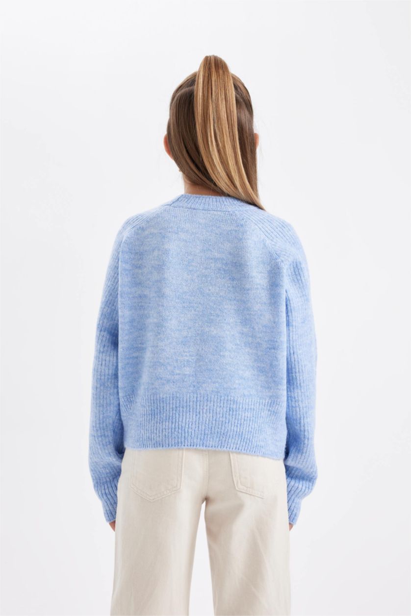 Kız Çocuk - Genç Kız Açık Lila Bisiklet Yaka Basic Düz Triko Kazak Kız Çocuk