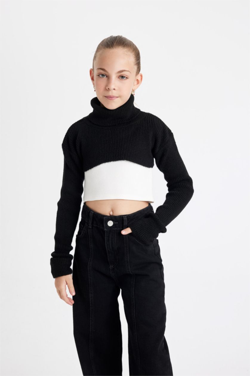 GIRLS & TEENS Black Girl Black White Turtleneck Knitted Crop Pullover