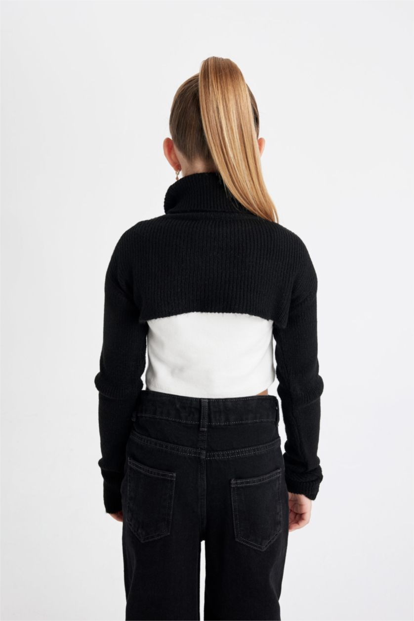 GIRLS & TEENS Black Girl Black White Turtleneck Knitted Crop Pullover