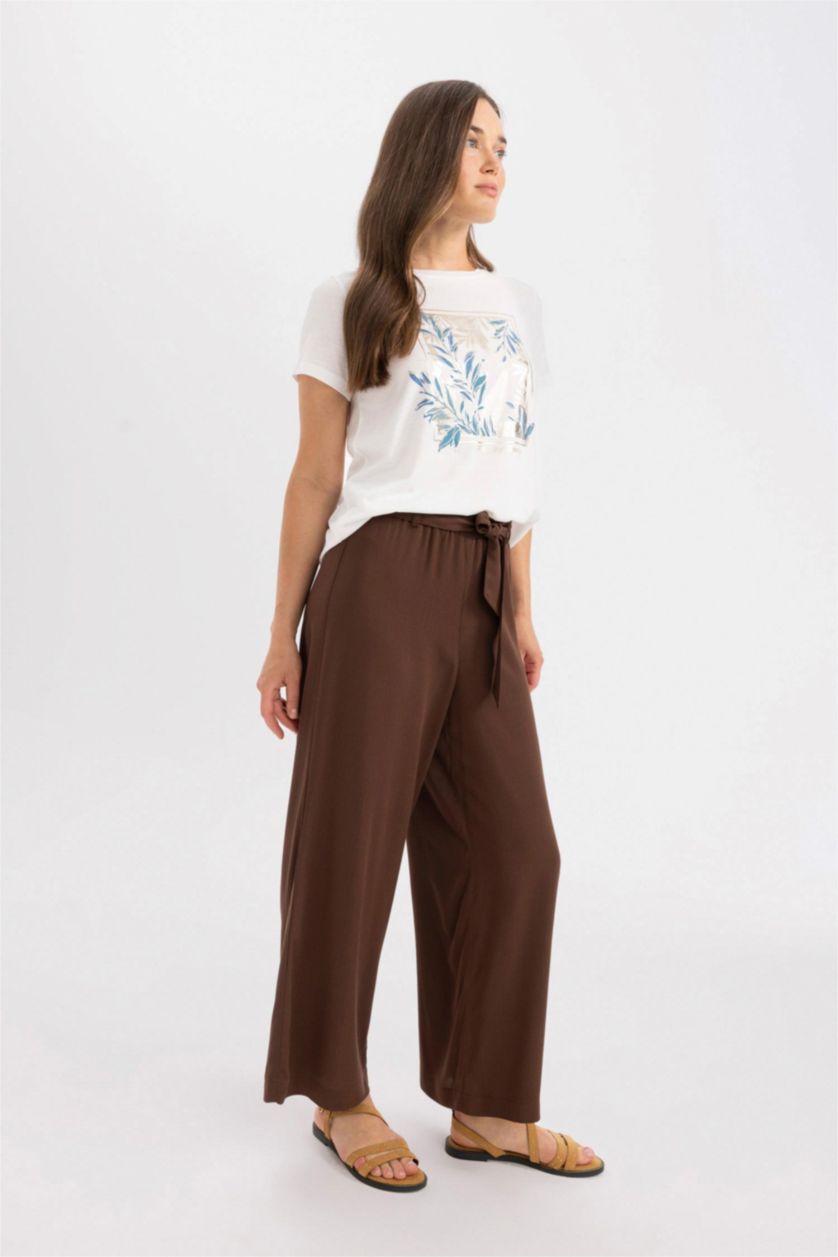 WOMAN Brown Culotte Fit Crinkle Viscose Wide Leg Capri